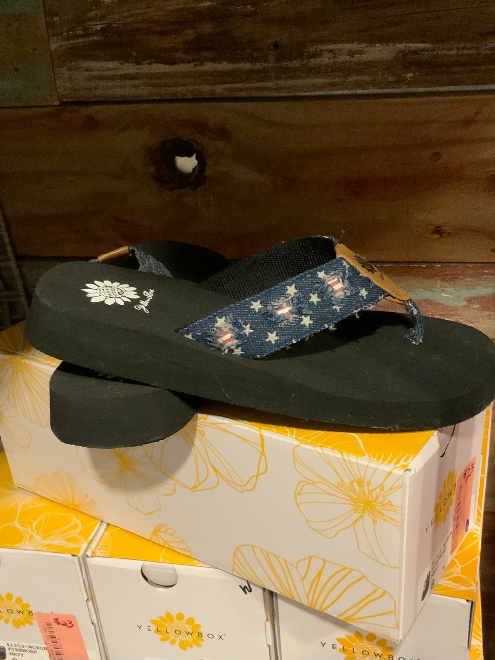 Yellow Box Black Sandal with Star-Spangled Blue Denim Strap